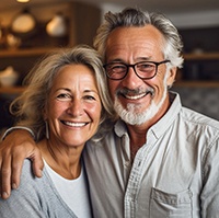 Older couple smiling and hugging with healthy smiles